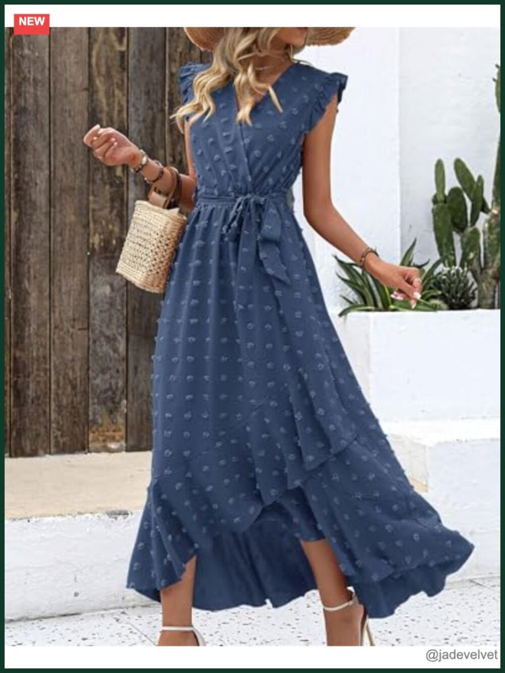 Swiss Dot Flowy Ruffle Wrap V-Neck Cap Sleeve Maxi Dress - Picture 5 of 6